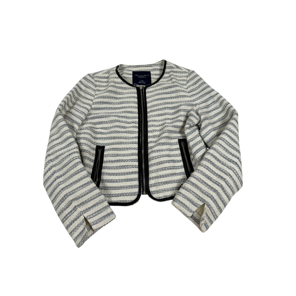 American Eagle Striped Cropped Moto Jacket Cream Navy Blue Faux Leather Trim L